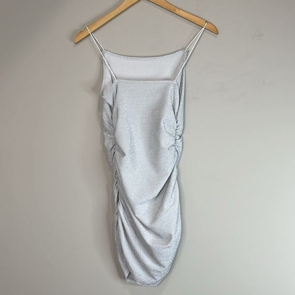 Shein Shimmer Silver Metallic Mini Dress Side Ruched Square Neck Spaghetti XSP - Picture 7 of 11